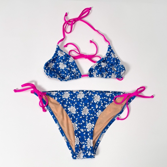 πΊ J.Crew Blue Floral Neon Pink Bikini Swimsuit Size S/M Tie Bottom Retail: $150 - Picture 6 of 16